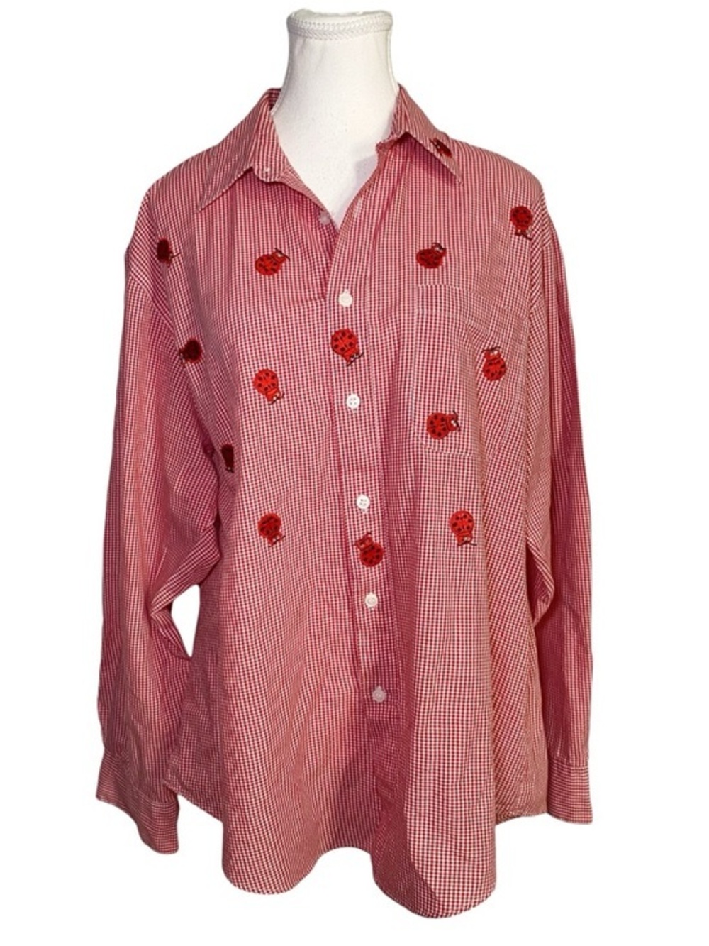 Mili Designs Red Gingham Ladybug Embroidered Button-Down Shirt Cottagecore Retro